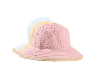 Damen Sommerhut Cloche aus Bänder in Gelb, Lachs und Ciel