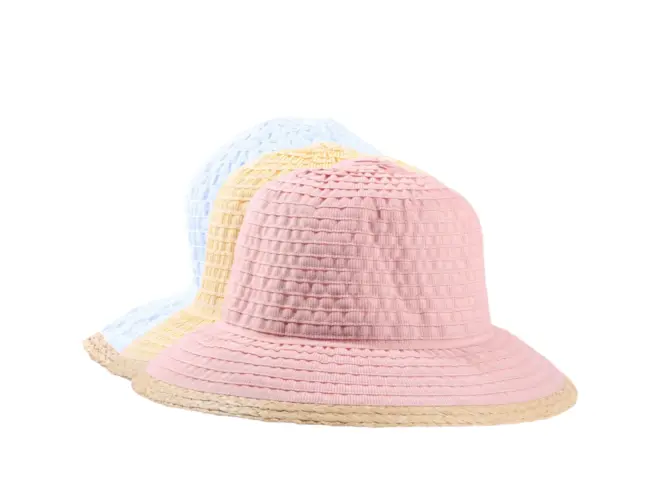 Damen Sommerhut Cloche aus Bänder in Gelb, Lachs und Ciel