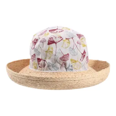 Damen Sommerhut Cloche Ginko Leinen/Raffia mit floralem Ginkomotiv und Raffia-Krempe