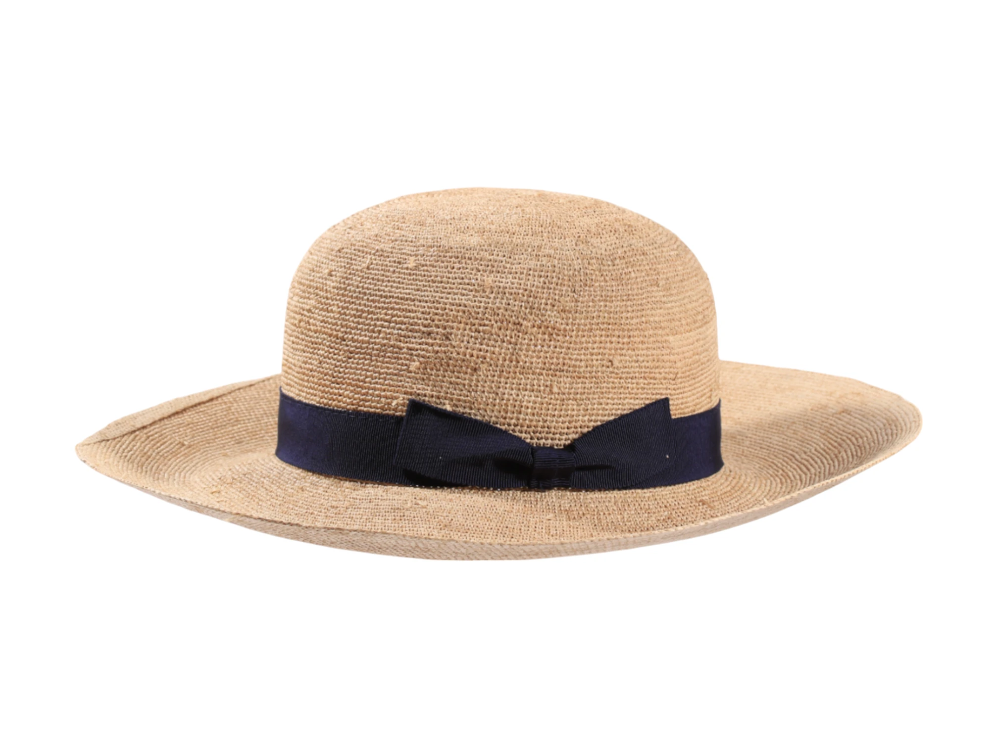 Flexibler Damen-Sommerhut aus Raffia mit marineblauer Masche
