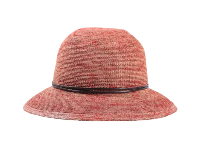 Damen Sommerhut Cloche Raffia Crochet farbig aus 100% Raffia mit brauner Lederschnur.