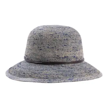 Damen Sommerhut Cloche Raffia Crochet farbig aus 100% Raffia mit brauner Lederschnur.