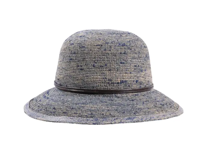 Damen Sommerhut Cloche Raffia Crochet farbig aus 100% Raffia mit brauner Lederschnur.