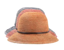 Damen Sommerhut Cloche Raffia Crochet farbig aus 100% Raffia mit brauner Lederschnur.