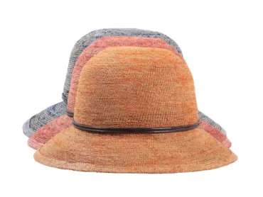 Damen Sommerhut Cloche Raffia Crochet farbig aus 100% Raffia mit brauner Lederschnur.