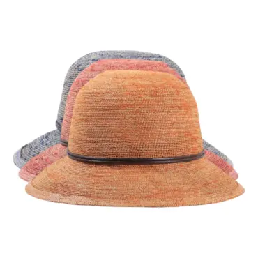 Damen Sommerhut Cloche Raffia Crochet farbig aus 100% Raffia mit brauner Lederschnur.