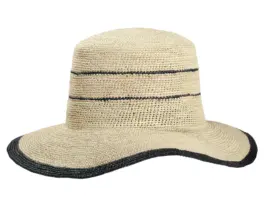 Cloche Panama gehäkelt aus 100% Panama-Stroh mit blauem Rand und Streifen