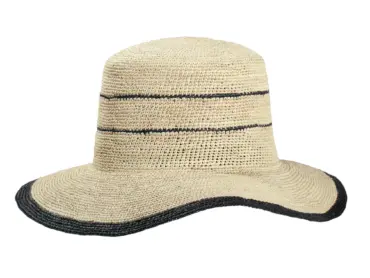 Cloche Panama gehäkelt aus 100% Panama-Stroh mit blauem Rand und Streifen