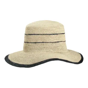 Cloche Panama gehäkelt aus 100% Panama-Stroh mit blauem Rand und Streifen