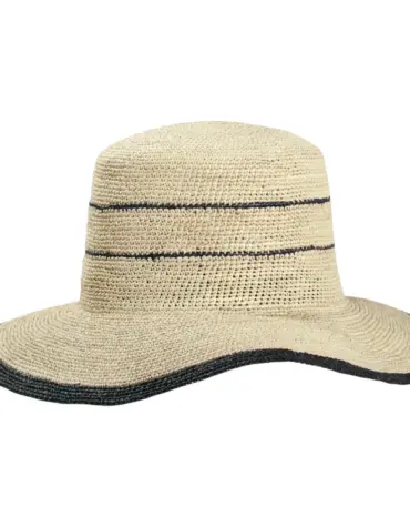 Cloche Panama gehäkelt aus 100% Panama-Stroh mit blauem Rand und Streifen