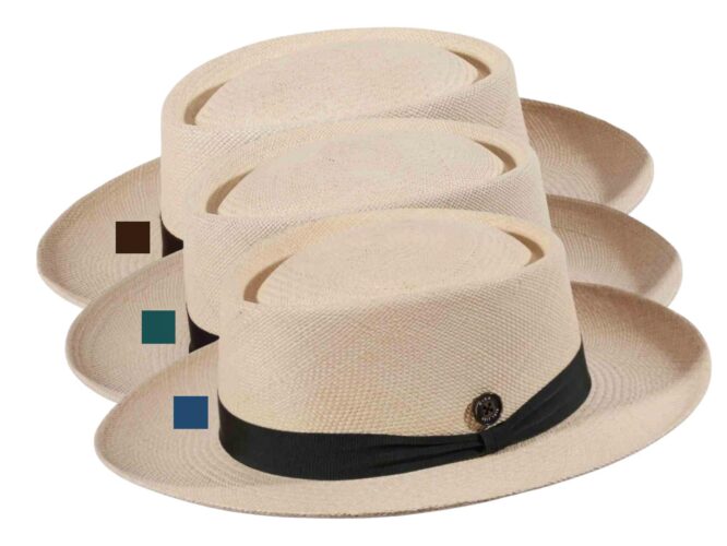 Panamahut Fedora Spanier Style naturfarben mit braunem, marineblauem oder petrolfarbenem Hutband