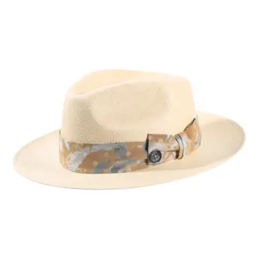 Panamahut Fedora mit floralem Hutband aus Naturstroh