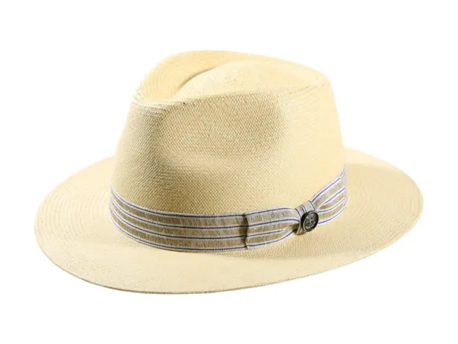 Panamahut Fedora-Traveler aus echtem Panama-Stroh mit gestreiftem Leinenband