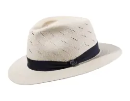 Panamahut Fedora natur mit Belüftung und marineblauem Hutband
