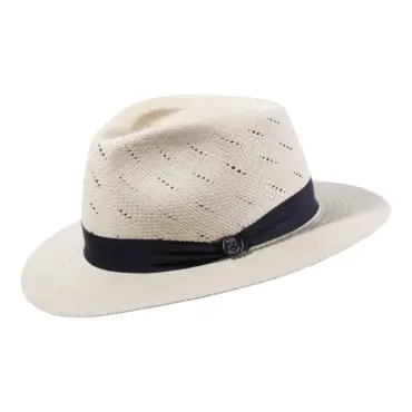 Panamahut Fedora natur mit Belüftung und marineblauem Hutband