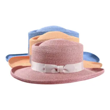 Breitrandiger Sommerhut aus 100 % Hanf in Apricot, Pink und Ciel mit elegantem Rebsband