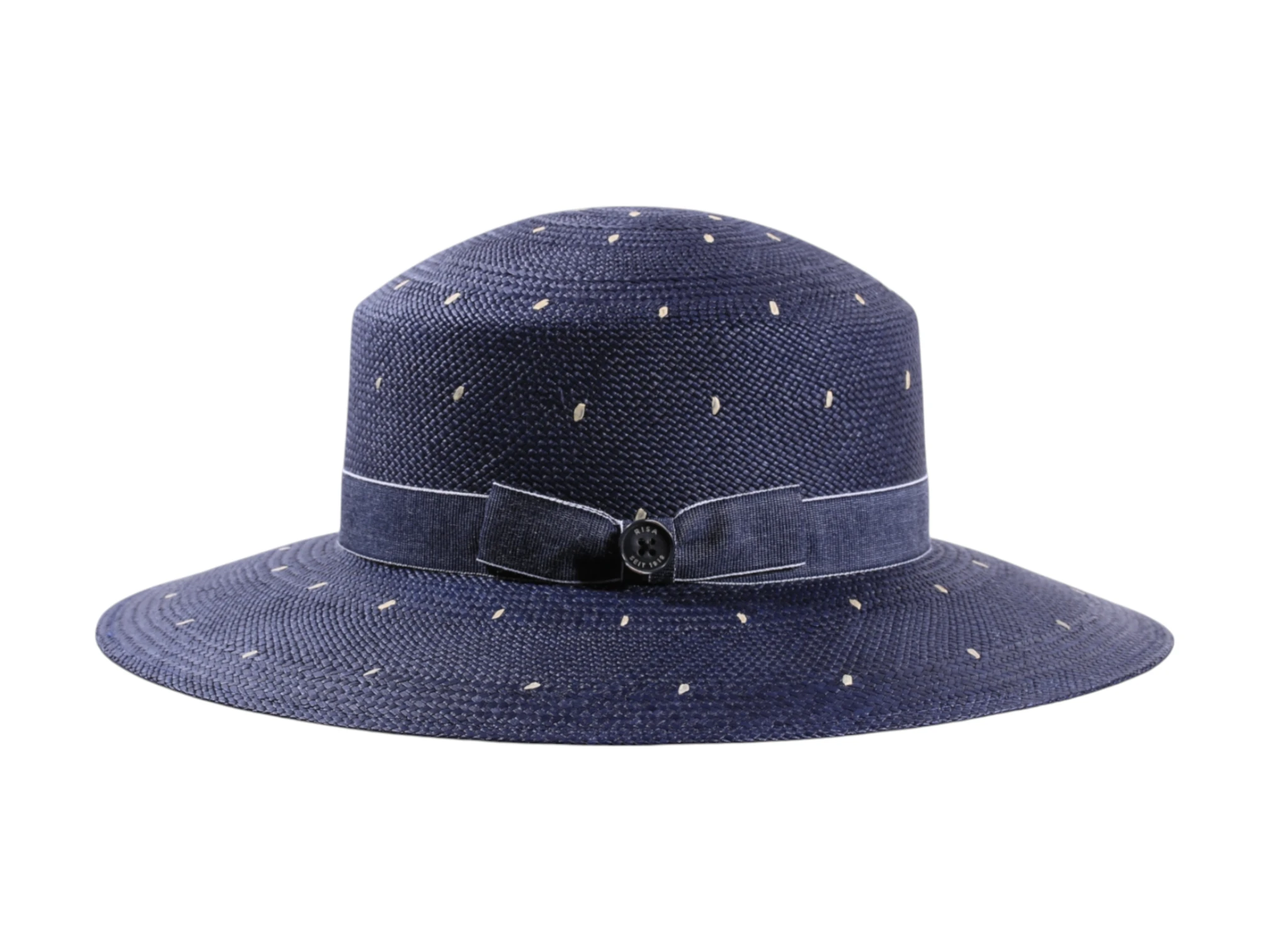 Damenhut Cloche aus Panama mit Jeansband und weißen Punkten