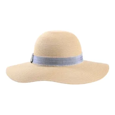 Damen Sommerhut Cloche Fino in Mittelbeige mit Leinenband in Jeansblau.