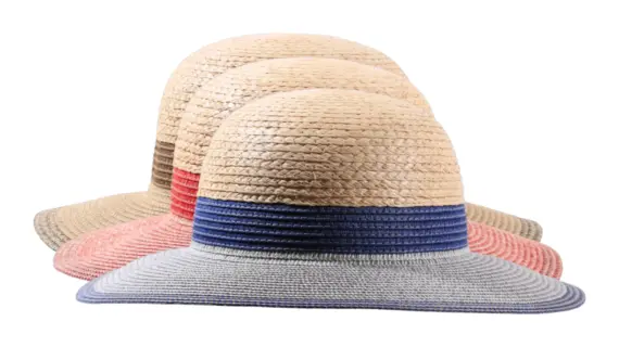 Damenhut Cloche Raffia/Paper aus 60% Papier und 40% Raffia in Mittelbraun, Rot und Jeans.