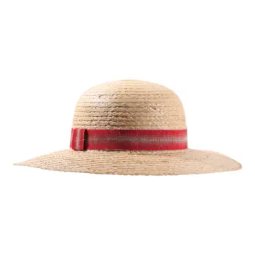 Damenhut Cloche Raffiastroh mit gestreiftem Leinenhutband in Natur/Schwarz und Natur/Rot.