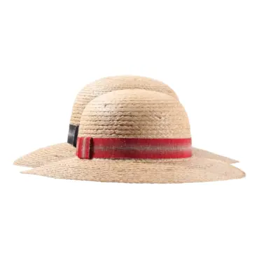 Damenhut Cloche Raffiastroh mit gestreiftem Leinenhutband in Natur/Schwarz und Natur/Rot.