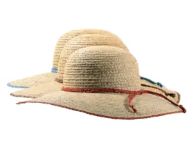 Damen Sommerhut aus 100% Raffia mit geflochtenem Hutband in Mittelbraun, Rost und Royalblau.