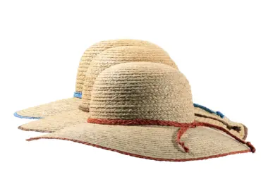 Damen Sommerhut aus 100% Raffia mit geflochtenem Hutband in Mittelbraun, Rost und Royalblau.