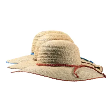 Damen Sommerhut aus 100% Raffia mit geflochtenem Hutband in Mittelbraun, Rost und Royalblau.