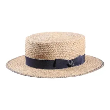 Sommerhut Canotier aus Raffia mit jeansblauer Garnitur