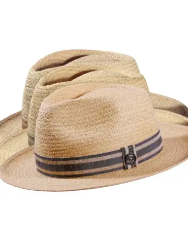 Strohhut Fedora Bogart Raffia mit gestreiftem Leinenband in Gold, Olive oder Navy