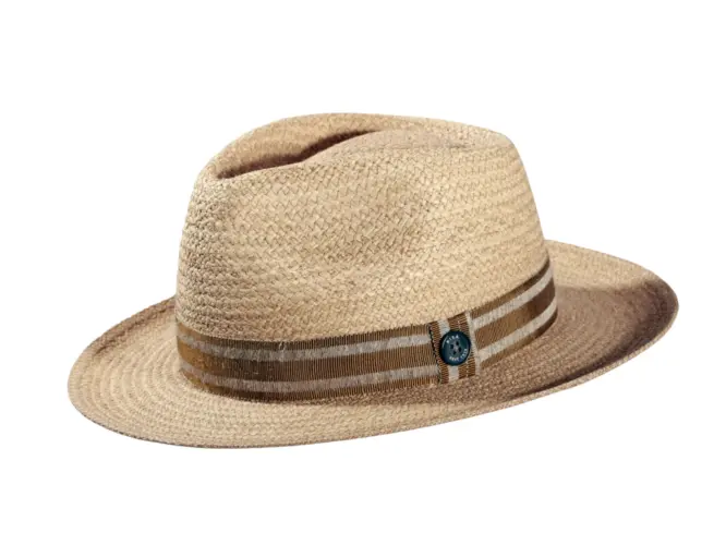 Strohhut Fedora Bogart Raffia mit gestreiftem Leinenband in Gold, Olive oder Navy