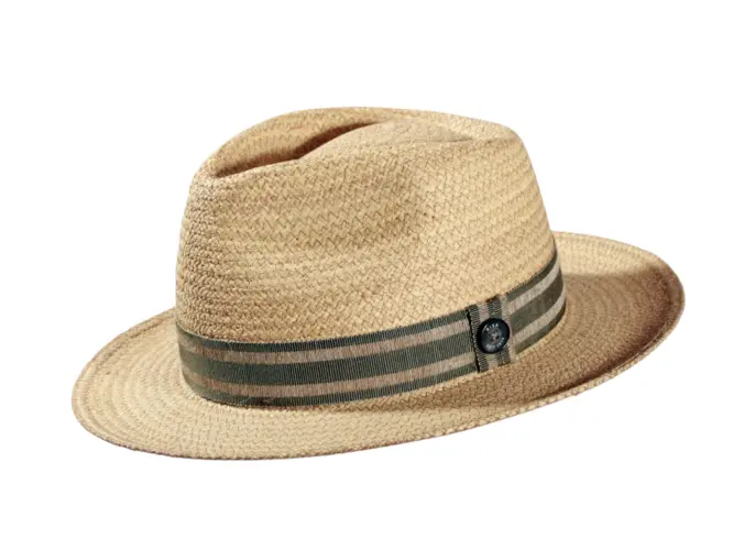 Strohhut Fedora Bogart Raffia mit gestreiftem Leinenband in Gold, Olive oder Navy