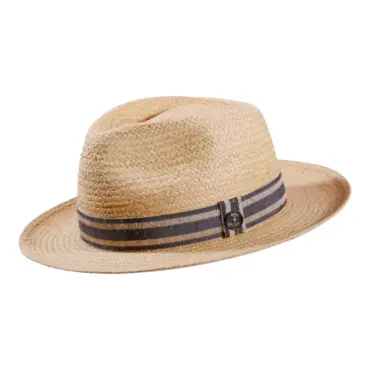 Strohhut Fedora Bogart Raffia mit gestreiftem Leinenband in Gold, Olive oder Navy