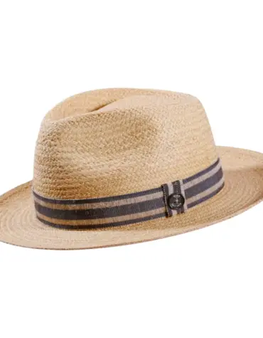 Strohhut Fedora Bogart Raffia mit gestreiftem Leinenband in Gold, Olive oder Navy