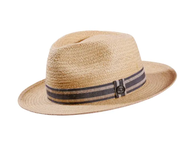 Strohhut Fedora Bogart Raffia mit gestreiftem Leinenband in Gold, Olive oder Navy