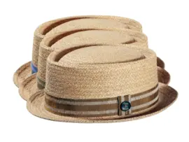 Porkpie Strohhut aus Raffia mit gestreiftem Leinenband