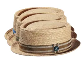 Porkpie Strohhut aus Raffia mit gestreiftem Leinenband