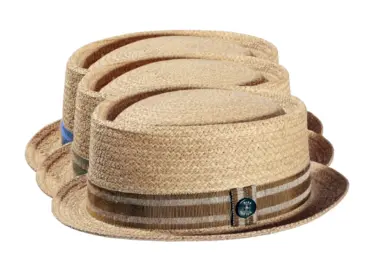 Porkpie Strohhut aus Raffia mit gestreiftem Leinenband