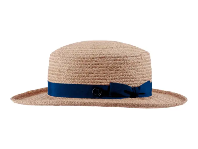 Damen Clochehut aus Raffia in Naturfarbe mit farbigem Rebsband und Masche