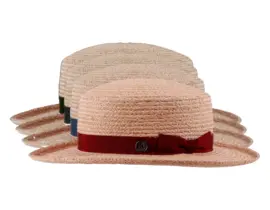 Damen Clochehut aus Raffia in Naturfarbe mit farbigem Rebsband und Masche