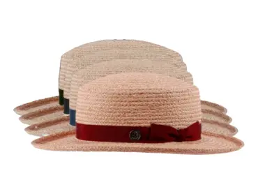 Damen Clochehut aus Raffia in Naturfarbe mit farbigem Rebsband und Masche