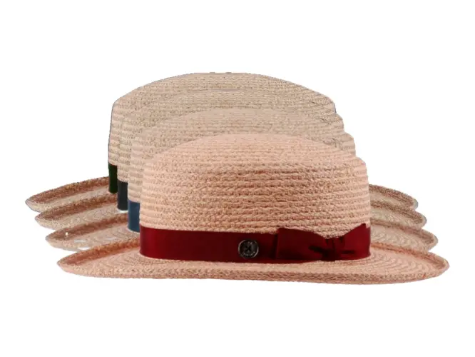 Damen Clochehut aus Raffia in Naturfarbe mit farbigem Rebsband und Masche