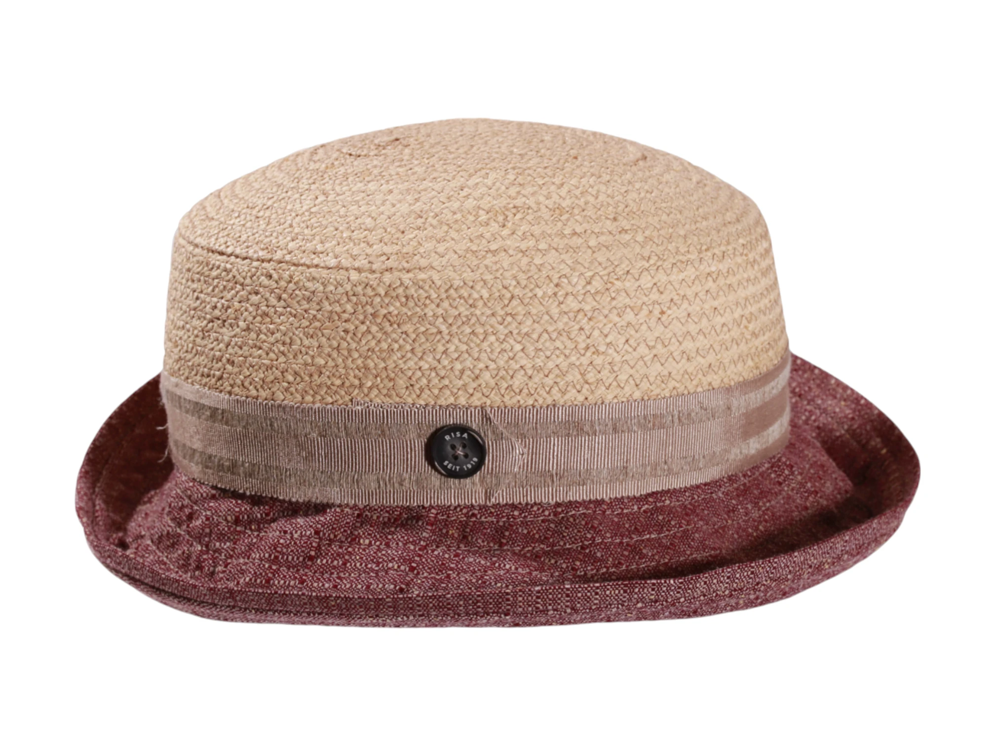 Sommerhut mit Stoffaufschlag in Natur/Bordeaux oder Natur/Navy