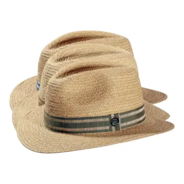 Strohhut Fedora aus Raffia mit gestreiftem Leinenband