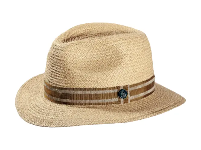 Strohhut Fedora aus Raffia mit gestreiftem Leinenband