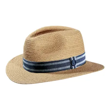 Strohhut Fedora aus Raffia mit gestreiftem Leinenband