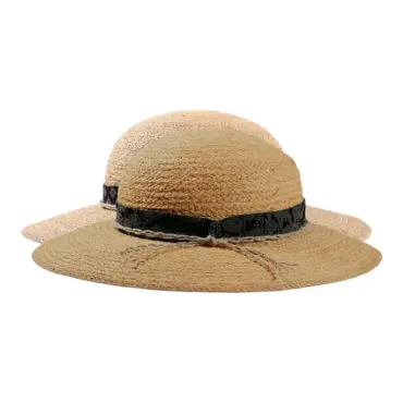 Damenhut Cloche aus Raffia mit breitem Rand und Stoffband