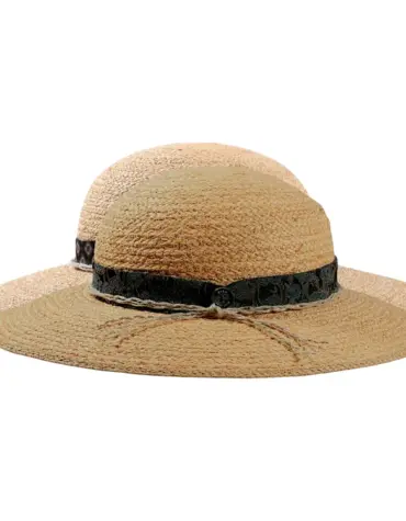 Damenhut Cloche aus Raffia mit breitem Rand und Stoffband