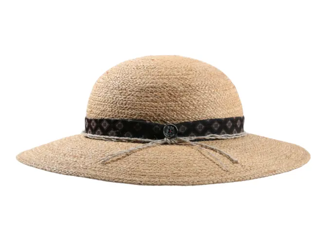 Damenhut Cloche aus Raffia mit breitem Rand und Stoffband