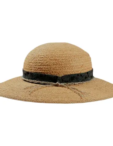 Damenhut Cloche aus Raffia mit breitem Rand und Stoffband